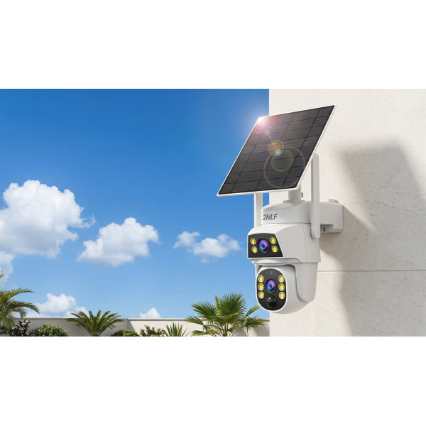2NLF® 6MP Solar Cámara de Seguridad Wifi Doble Lente Doble Pantalla